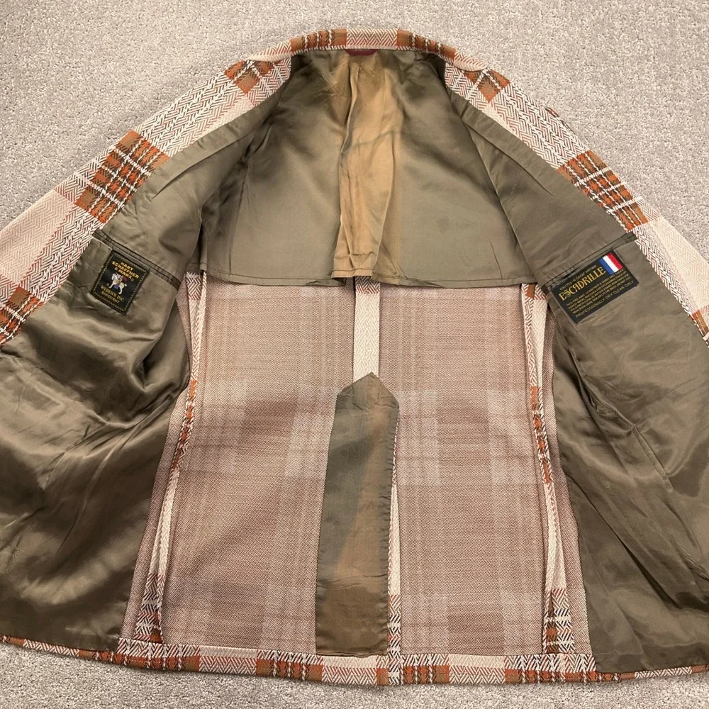 Hart‎ Schaffner Marx Blazer Mens 42R Beige Blanket Plaid Escadrille Wool VTG